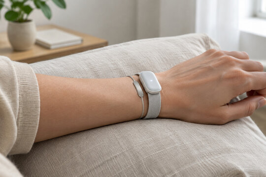Adult forearm with fabric wristband and silver skin sensor on linen cushion, wearable biofeedback device, health monitoring concept