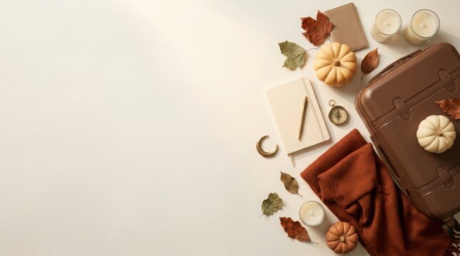 Autumn travel flat lay with brown suitcase and warm scarf on beige background featuring small pumpkins and autumn leaves.