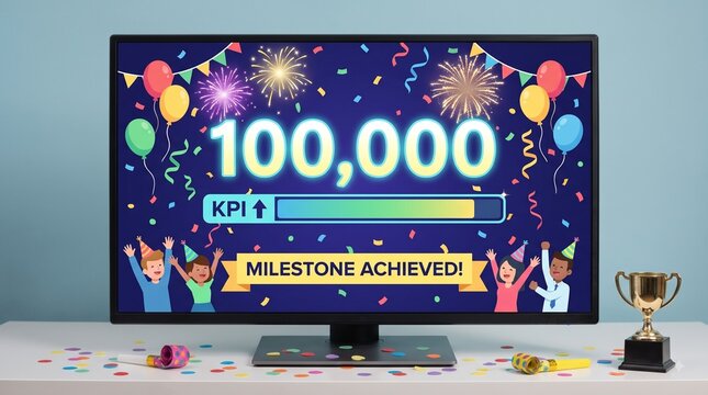 Desktop monitor displaying 100 000 milestone achievement with party graphics business success kpi tracker data visualization business goal target reached celebration performance digital displa