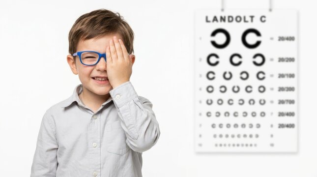 Young boy with blue glasses covering eye for vision screening test using wall medical eye chart in clinic room.