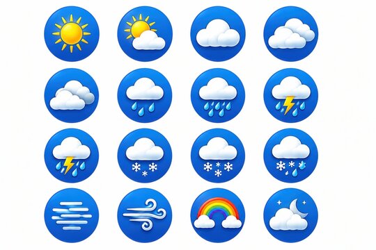 Set of colorful pixel art weather icons isolated on white background