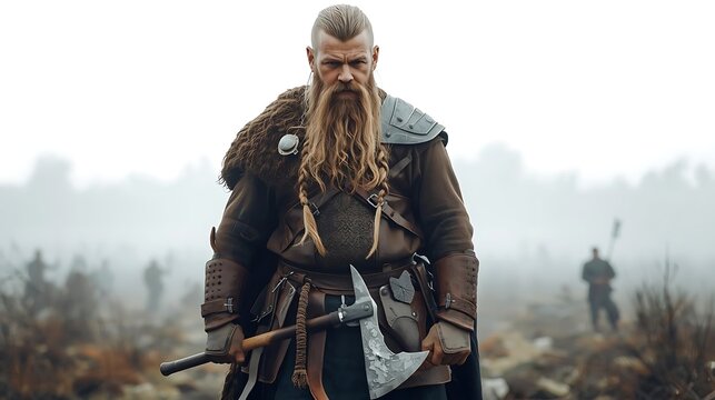 Fierce viking holding a large axe ready for battle