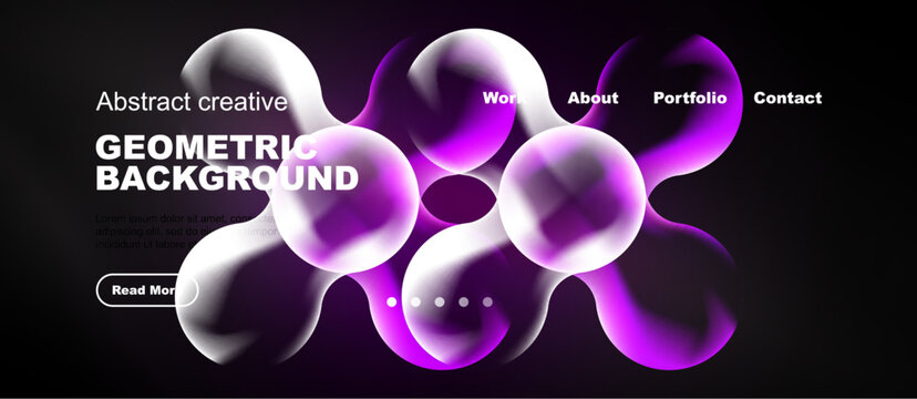Abstract purple shapes dominate dark background. Website header includes text, navigation options, button. Modern design elements present.