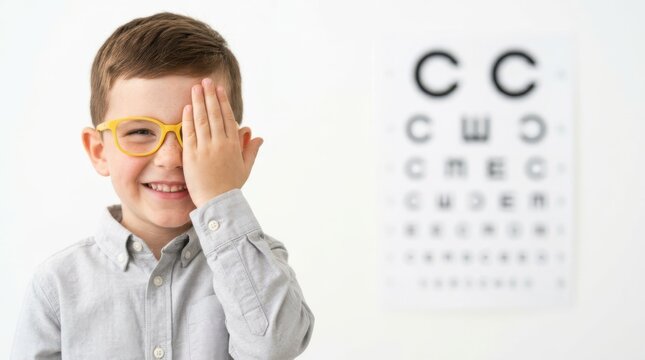 Young boy wearing yellow glasses covering one eye with hand during routine pediatric eye examination appointment.
