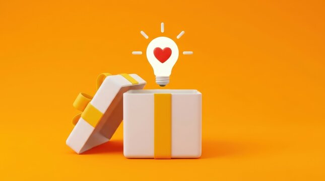 Creative concept with glowing heart light bulb rising from open white gift box on vibrant orange background.