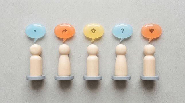 Five wooden figures with colorful speech bubbles expressing different emotions and ideas on a flat surface with representing direction settings
