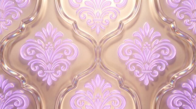 Seamless pattern with pastel purple ornate fleur de lis on a shiny gold background luxury
