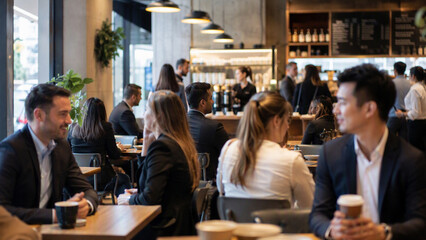 Fototapeta premium Business People Having Meeting and Drinking Coffee in Busy Modern Cafe Interior