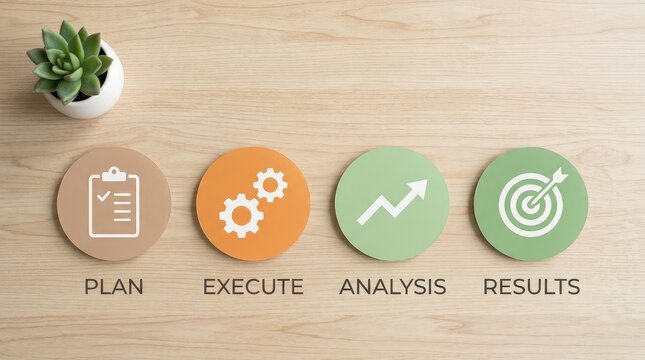 Four step process icons representing planning execution analysis and results on wooden surface with executing analyzing achieving illustrate stages planning
