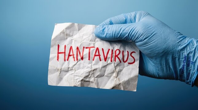 Gloves holding crumpled paper with virus name against blue background with wrinkled paper displaying hand holds wrinkled solid blue backdrop