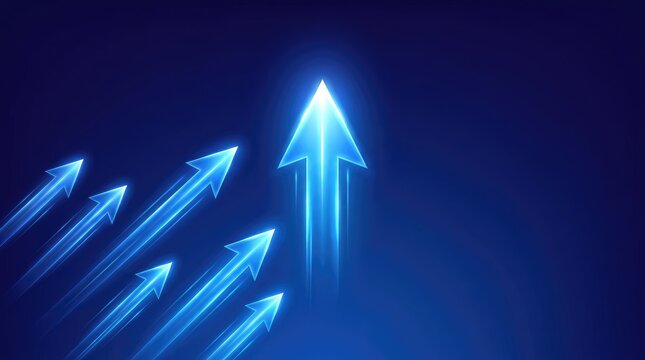 Bright upward arrows converging toward a central glowing arrow against a dark background with futuristic style one central arrow brighter than others