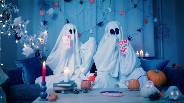 Halloween couple in ghost costumes eats popcorn in a decorated room with pumpkin and bat garlands. Fun Halloween entertainment and festive holiday celebration at home. High quality 4k footage