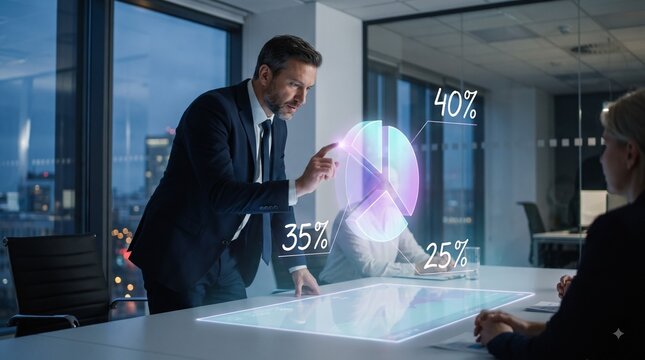 Businessman interacting with digital holographic pie chart on office table data visualization business analytics office technology future interface corporate strategy financial report analysis