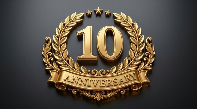 Golden anniversary badge celebrating a ten year milestone with ornate laurels with Shiny metallic badge highlights tenth anniversary decorative laurel wreath star accents