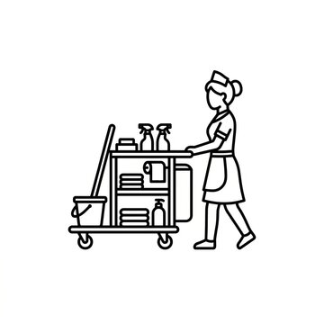 Cleaning staff preparing beverage cart in a hotel lobby.