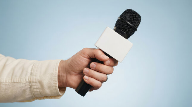 Hand holding microphone during presentation against light sky background with Hand grips microphone blank sign attached speaking announcements