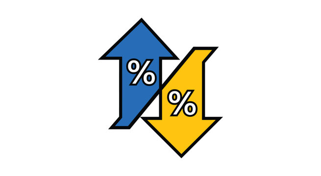 Percentage growth and reduction symbol illustration. Opposite direction arrows with percent signs representing increase, decrease, statistics, sales, investment, pricing, financial analysis.