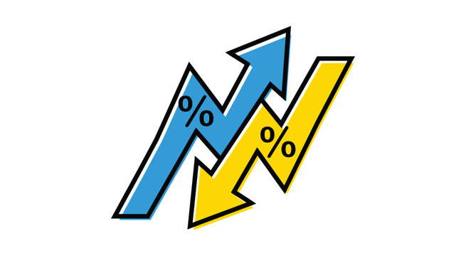 Up and down percentage arrows illustration. Blue rising arrow and yellow falling arrow symbolizing financial growth, decline, price changes, discounts, business performance, and market analysis.