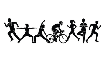Obraz premium Silhouettes of various athletes and fitness enthusiasts practicing yoga, running, and cycling in a row against a plain white background.