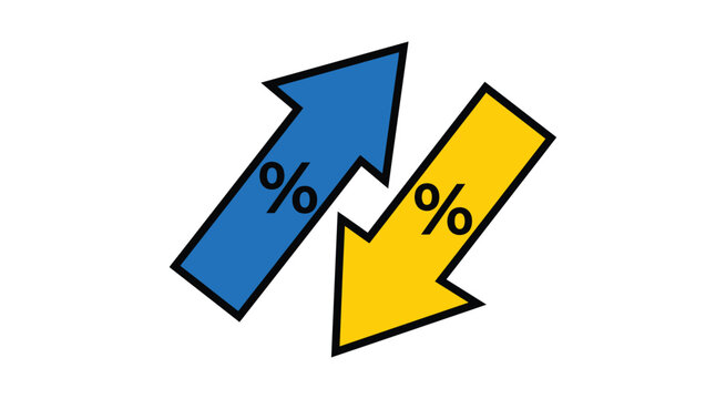 Percentage increase and decrease arrows illustration. Upward and downward percentage symbols representing growth, reduction, profit, discount, finance, business statistics, market trends.