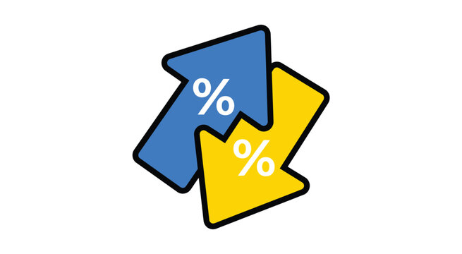 Percentage increase and decrease arrows illustration. Upward and downward percentage symbols representing growth, reduction, profit, discount, finance, business statistics, market trends.