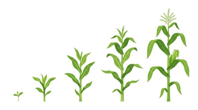 Five stages of green corn plant growth from a tiny seedling to a tall mature crop with leaves and tassel