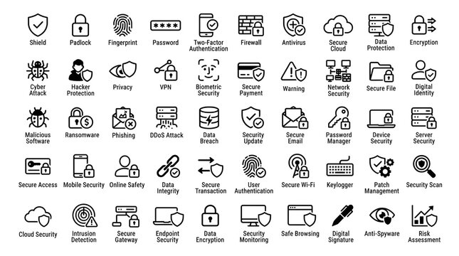 Cybersecurity and data protection line icon set for network security, digital privacy, online safety, antivirus, and system protection vector illustration.