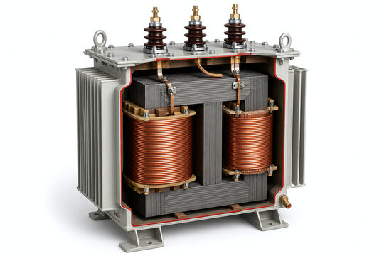 Electrical transformer cutaway with copper coils and core