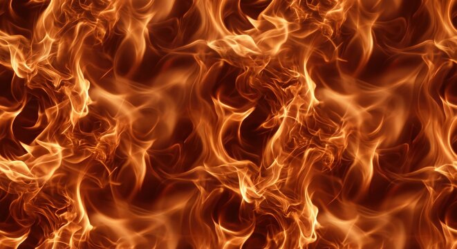 Seamless texture featuring swirling tongues of bright orange and yellow fire flames against a dark brown background, repeating pattern of blazing heat