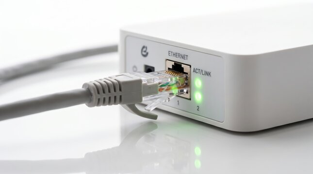 Ethernet cable connected to a white network router with glowing green indicator lights on a plain white surface with status lights reflective plugged white internet