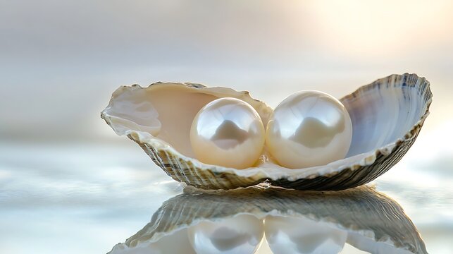 Two luminous white pearls inside open clam shell high resolution picture