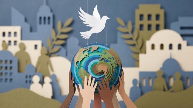 International peace day diverse hands holding a layered paper globe with a white dove above, symbolizing global unity, peace, and community cooperation