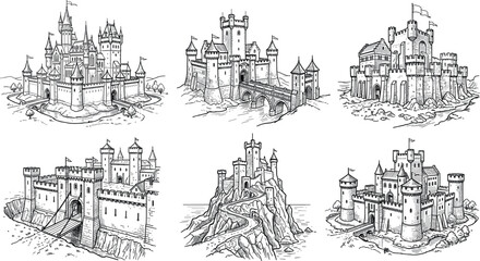 Obraz premium Medieval Castle and Fortress Illustration Set with Historic Towers, Stone Walls, Battlements and Drawbridges in Detailed Vintage Engraving Style