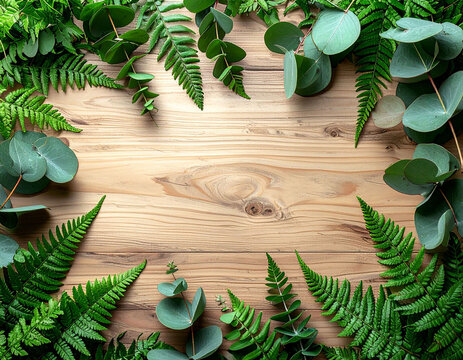 木目のきれいな板材を背景にシダの葉とユーカリを周囲に配置したナチュラルな植物フレーム　中央部分に文字入れが可能な広い余白を残し明るく爽やかな印象を与えたデザイン　カフェのメニュー表や店舗のチラシ、SNSの告知画像、ウェディングのウェルカムボード、グリーティングカードの作成に使える装飾素材
