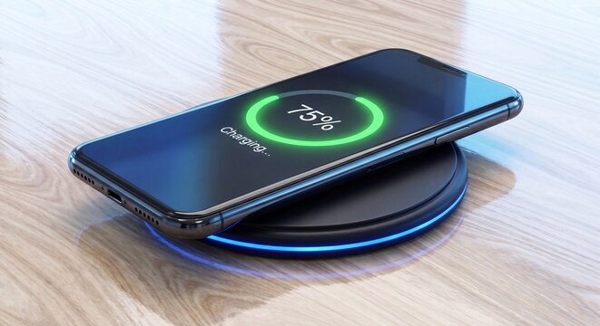 Smartphone charging wirelessly on a circular black pad placed on a polished wooden surface with modern smartphone rests battery level indicator showing seventy five