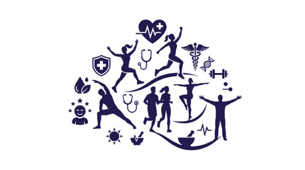 Fototapeta premium Healthy lifestyle icons arranged in a circular composition feature silhouettes of people running, practicing yoga, and exercising alongside medical and holistic wellness symbols.