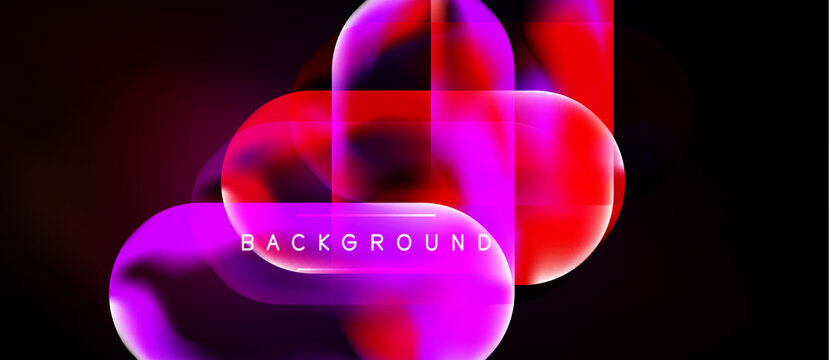 Abstract vibrant shapes overlap, creating dynamic pink, purple gradients. Dark background emphasizes glowing forms, text reads background.