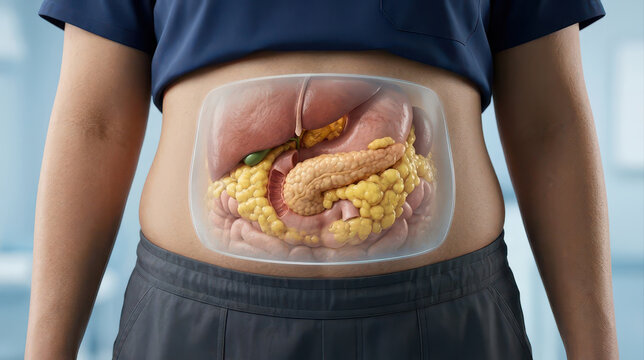 Abdominal organ model depicting visceral fat and insulin resistance in medical anatomy illustration with transparent overlay and visible digestive system