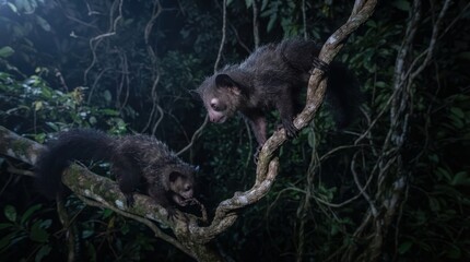Fototapeta premium Two aye-ayes forage for food at night in a lush, dark jungle environment