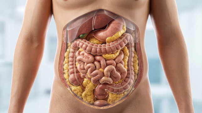 Visceral fat insulin resistance abdominal anatomy illustration showing human digestive system and internal organs with emphasis on metabolic health