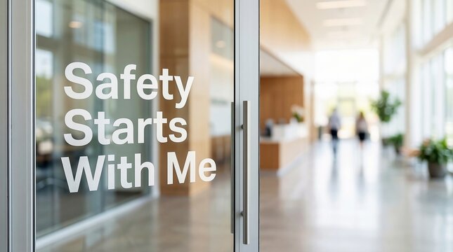 "Safety Starts With Me" text on glass office door, blurred corporate lobby background, workplace safety concept.