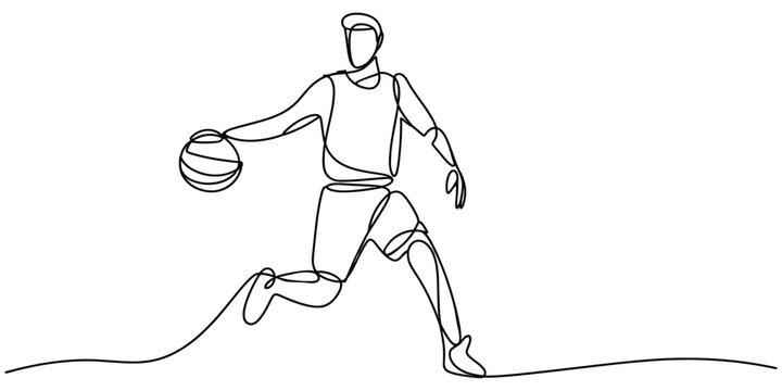 Continuous single line drawing of a basketball player dribbling the ball isolated on a white background Vector, illustration