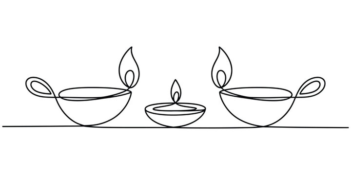Three glowing diya oil lamps for diwali celebration drawn in a simple continuous black line art style Vector, illustration