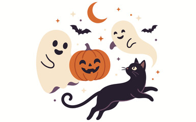 Fototapeta premium Cute cartoon illustration featuring happy ghosts a smiling pumpkin and a black cat for halloween celebration design
