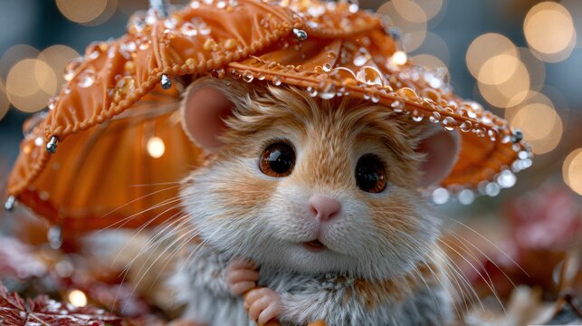 Joyful Tiny Hamster With Umbrella in Autumn Park