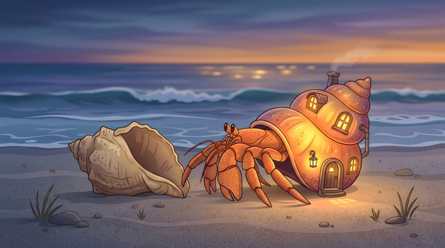 Hermit crab new shell glowing house growth change concept award winning illustration