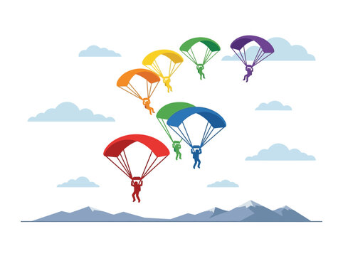 Rainbow Parachuters Descending Over Mountains