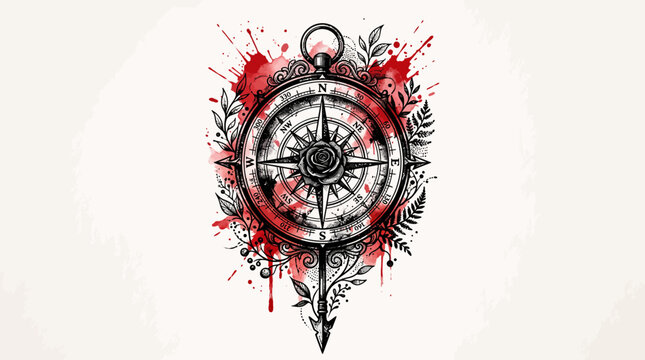 Intricate black and gray compass tattoo design with red watercolor splashes