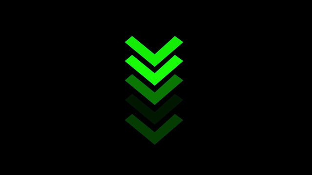 Vertical sequence of five neon green chevron arrows pointing downwards on a black background, representing decreasing trends, and negative financial, performance in data analytics