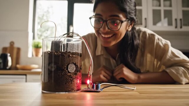 Student adjusts soil battery on wooden table as indicator light turns red. Homemade circuit in glass container sits beside her hand, showing practical science experiment in bright home kitchen.